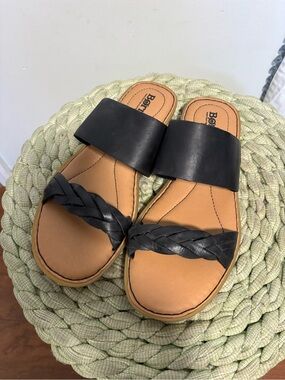 NEW Born CHERITA Braided Black Leather Slip On Comfort Flat Sandals